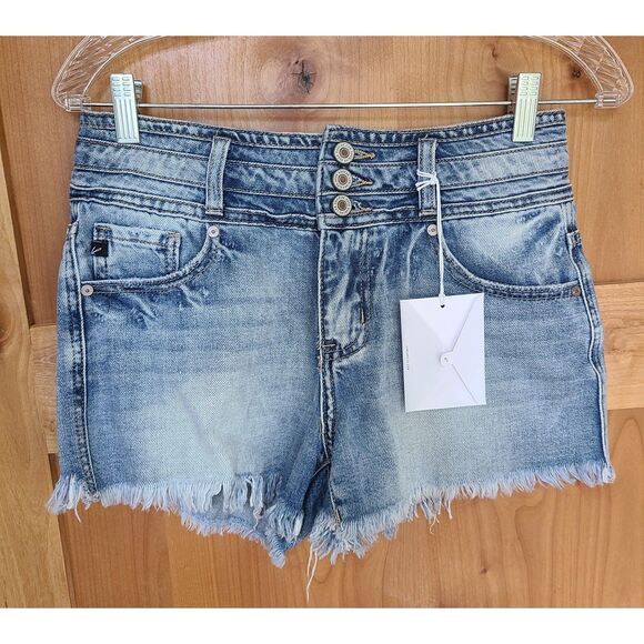 Kancan Distressed Frayed Raw Hem 3 Button Denim Jean Shorts SMALL NWT Festival - Picture 1 of 4